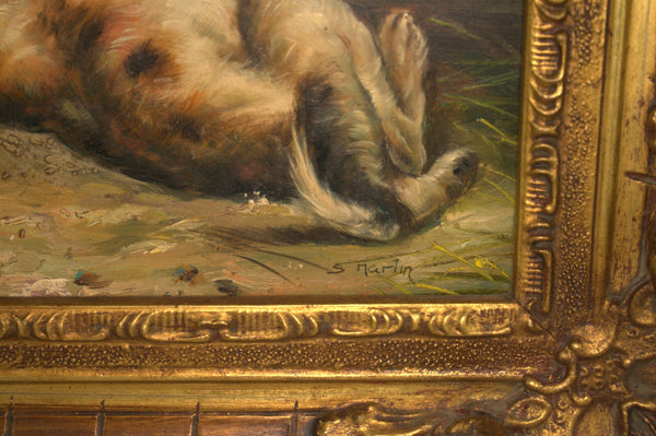 Gorgeous Oil on panel Painting dogs puppies playing signed 1950's