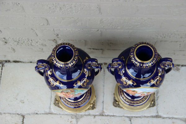 PAIR French Limoges blue porcelain romantic victorian scene Vases 1950