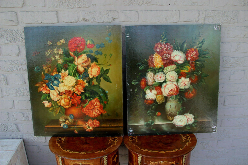 PAIR Flemish school vintage oil Maroufle panel painting floral flowers bouquet
