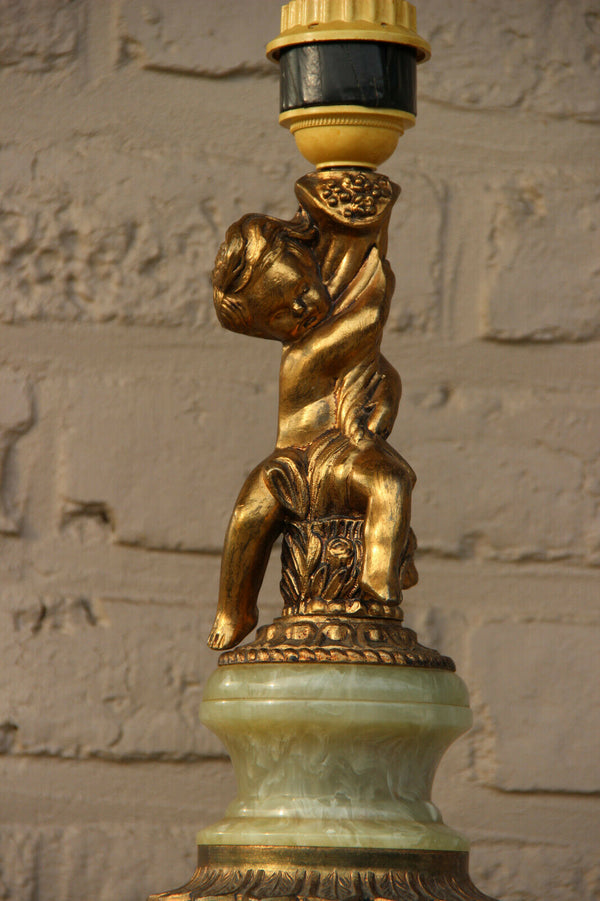 Huge French angel putti metal figurine onyx marble table lamp 1960