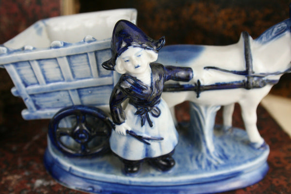 Cute Dutch blue white porcelain delft farming lady horse marked 1960