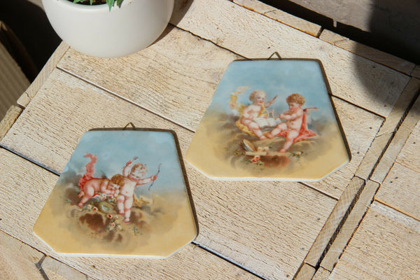 PAIR antique Limoges Porcelain putti angels wall plaques Romantic