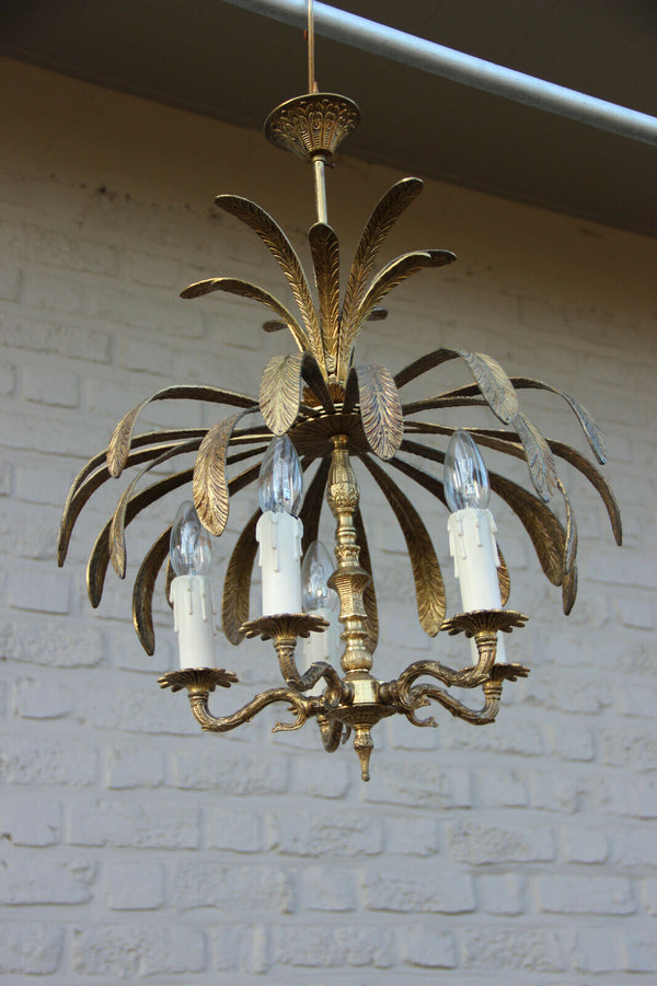 French Vintage 1970 Palm tree metal brass Chandelier 5 arms attr. maison jansen