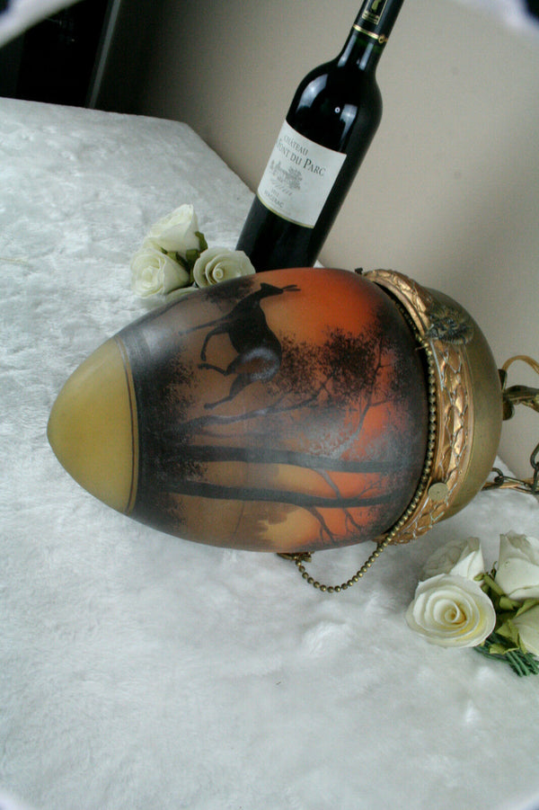 French antique Brass eagle glass paste acorn deer hunt shade rare