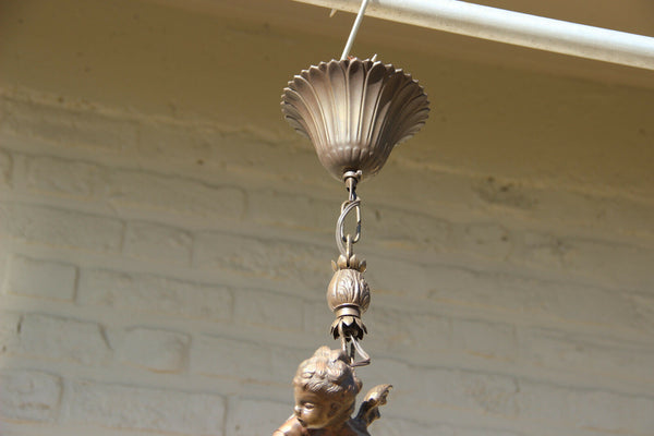 French Bronze putti angel pendant chandelier 2 arms amber glass tulip shades