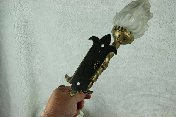 PAIR French cast iron gothic castle Flame shade sconces Wall lights 1950