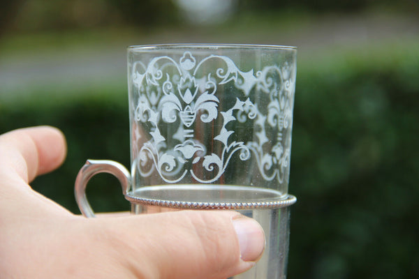 French pewter Etain de Paris marked Decanter carafe with 2 glasses lion heads