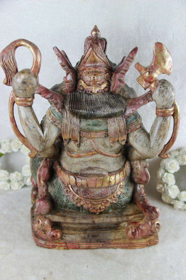 RareLarge Antique Wood carved polychrome GANESHA figurine statue god hindu