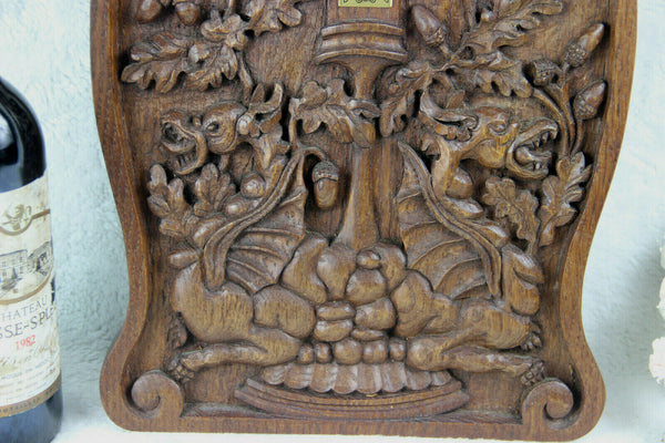 Antique black forest wood carved gothic dragons fruits wall plaque panel