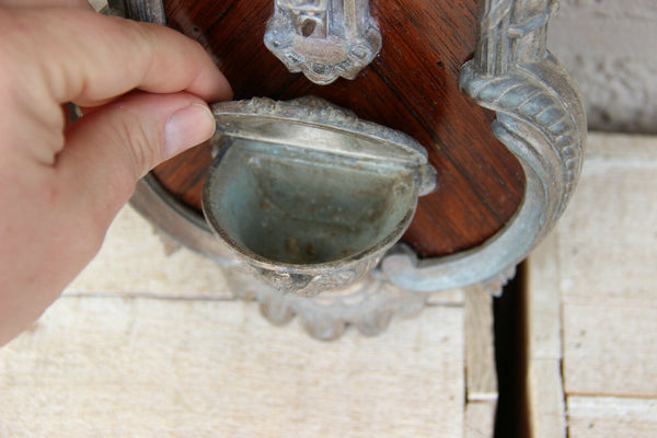 Antique French bronze wood inlaid putti head crucifix holy water font religious