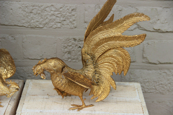 PAIR French metal gold gilt Fighting rooster figurines statues 1960