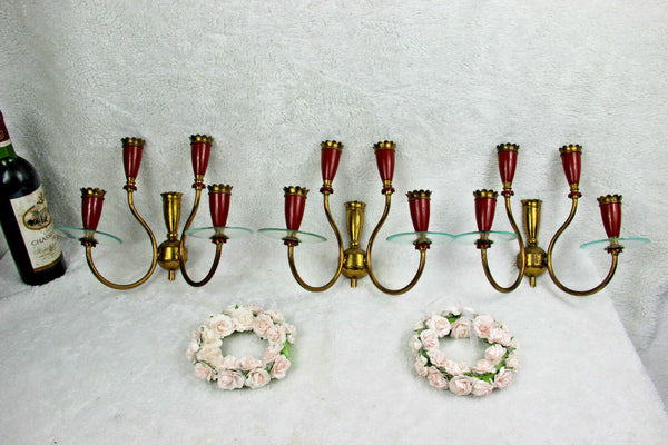 Set 3 Mid century vintage italian wall lights sconces burgundy red 4 arms 1970