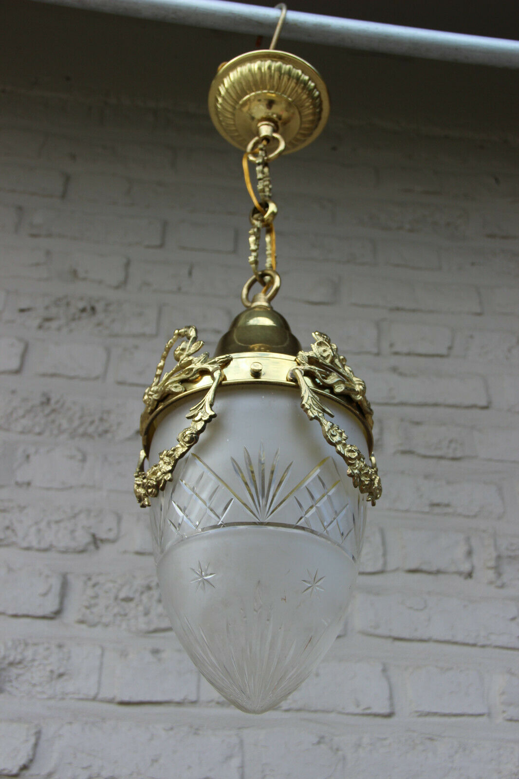 FRench Hall lantern chandelier brass crystal val saint lambert acorn shade