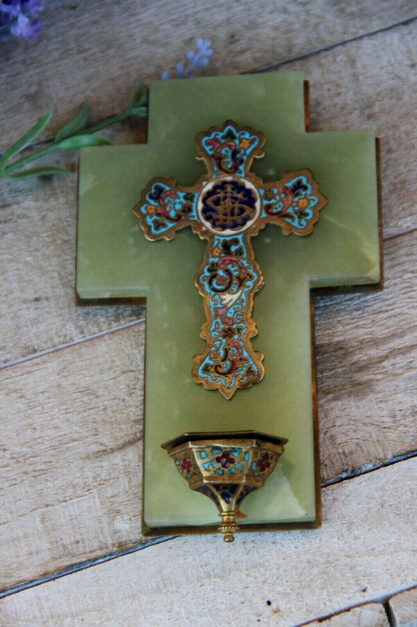 Antique Religious Holy water font cloisonne cross onyx marble