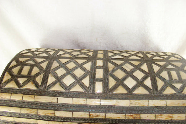 Huge XL Antique Maroccan African Treasure chest box inlaid artisan work rare