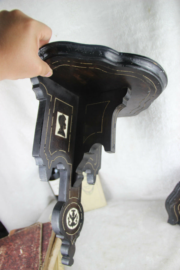 RARE PAIR french napoleon III wood carved inlaid figurines wall consoles shelf