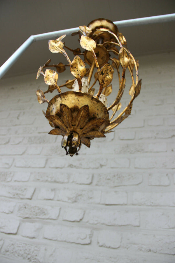 Mid century 1960 Metal gold gilt leaves chandelier pendant lantern maison jansen