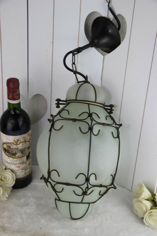 Gorgeous ITALIAN SEGUSO hand blown glass Caged Lantern lamp chandelier 70's
