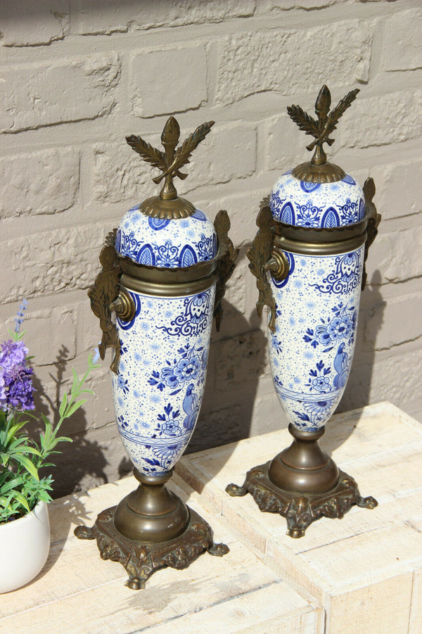PAIR antique Delft blue white pottery bird floral decor Vases urns