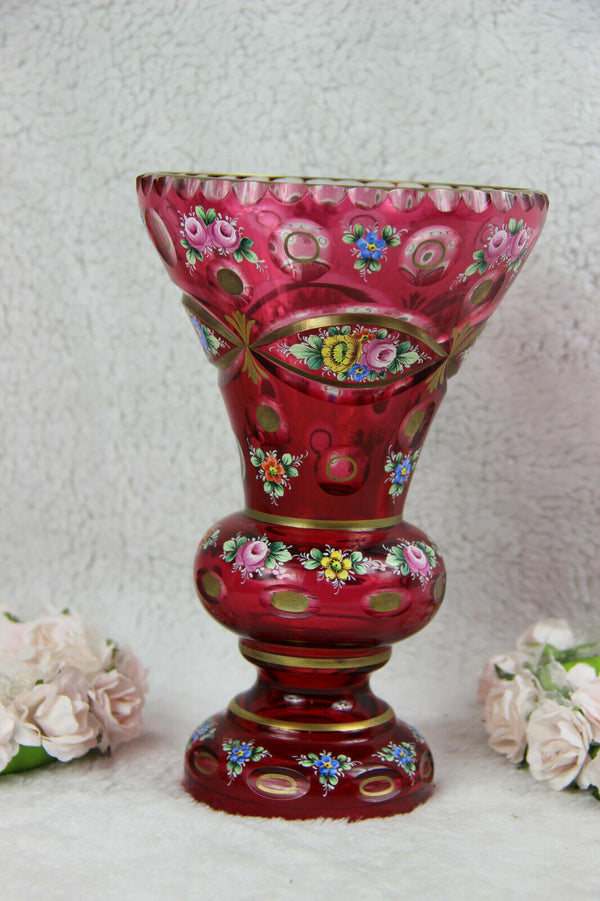 Antique MOSER Bohemia enamel ruby red glass floral VASE
