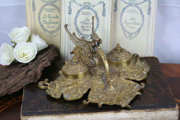 Exclusive gothic Dragon chimaera 1900 French Art nouveau inkwell Devil satyr