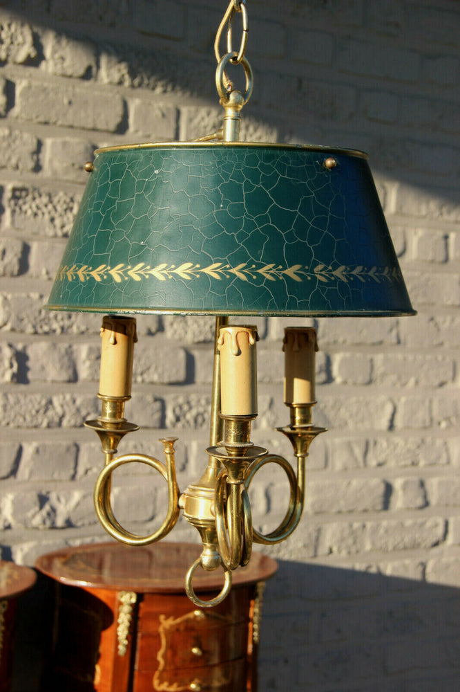 French vintage bouillotte Empire hunting horn brass Chandelier lamp pendant