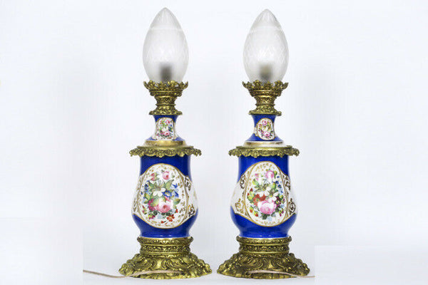 Antique pair 19thc french vieux paris porcelain table lamps portrait floral
