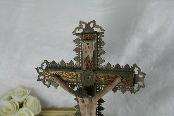 Antique French Plaster chalkware crucifix calvary biscuit Mary MAgdalena Christ