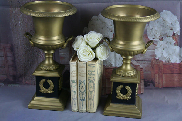 PAIR Impressive Empire design Brass Medici Vases / urns 1930's gold coloured