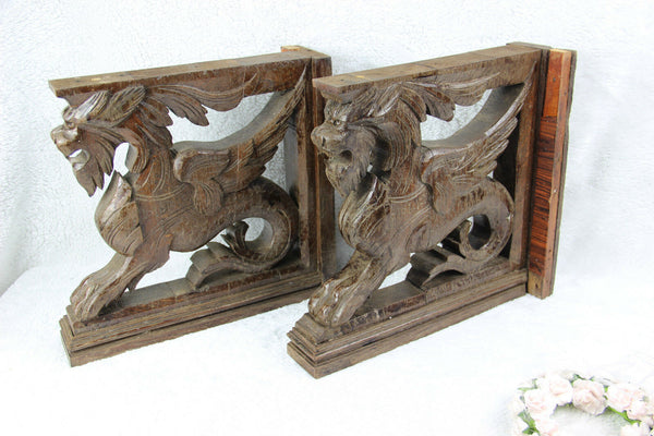 PAIR antique black forest wood carved Chimaera Griffin mythological figurine
