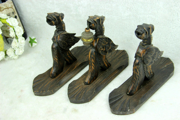 SET 3 Wood carved french dragon gothic Wall lights sconces 1960