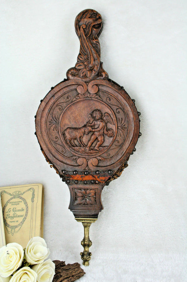 1880 UNUSUAL wood carved victorian putti fireplace blower gothic freak bellows