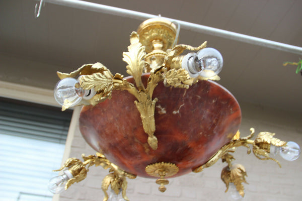 Vintage French Alabaster amber Bowl Chandelier Bronze brass 1960
