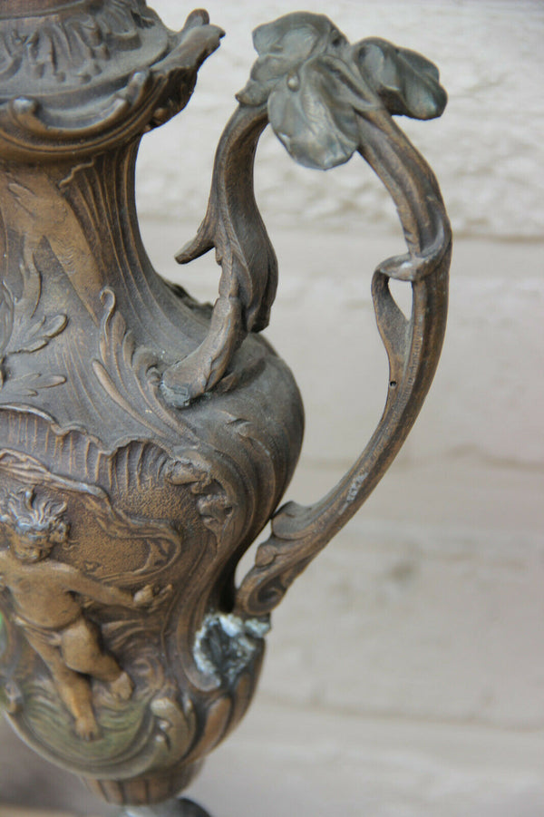 Antique French spelter bronze patina pair urns Vases putti angel marble base