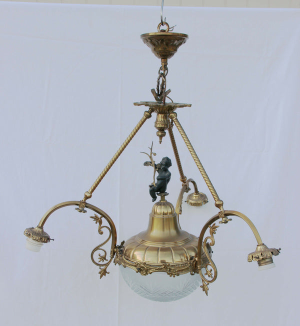 Gorgeous French vintage Brass putti figural Chandelier pendant crystal coupe VSL