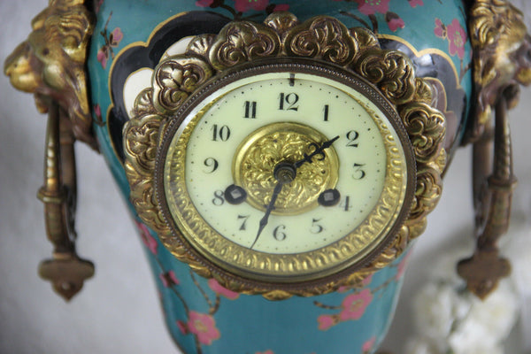 French antique Clock faience Polychrome bird dragon chimaera top lion heads