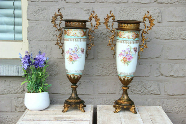 PAIR antique French bronze porcelain floral Vases urns 1920s