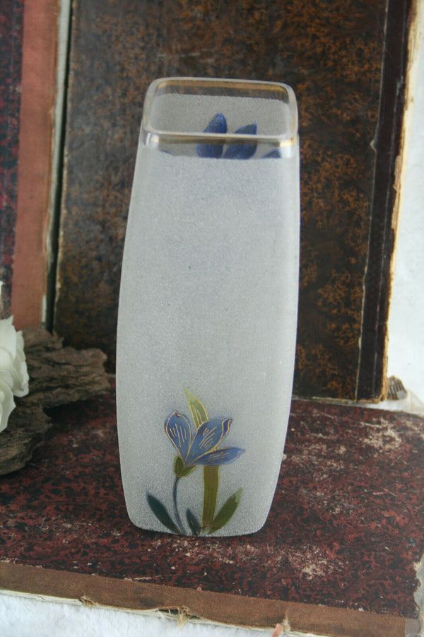 French art nouveau frosted glass enameled vase floral decor