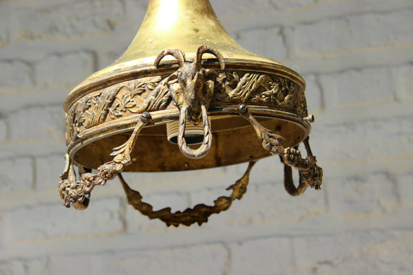 Antique French Lantern Pendant chandelier bronze ram heads enamel glass shade