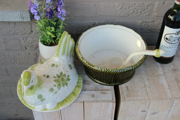 Vintage French large porcelain Barbotine Chicken soup tureen spoon salad