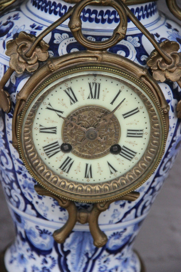 Huge Delft blue white pottery bird clock ram heads bronze ornaments rare