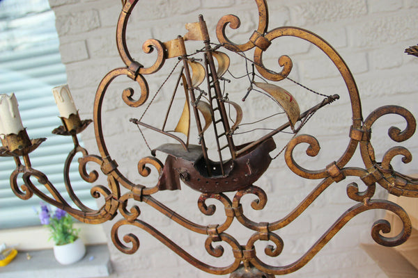 Rare Unusual Antique Bronze French Wrought iron Ship boat chandelier 6 lamps
