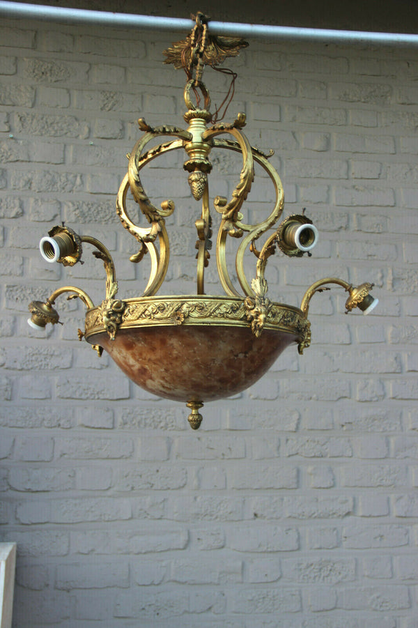 Antique French Amber alabaster marble Ram head Bronze chandelier 5 arms