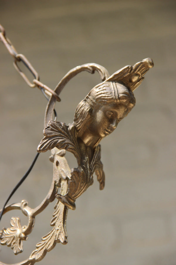 Antique French Faience porcelain brass Caryatid lady chandelier pendant 1930's