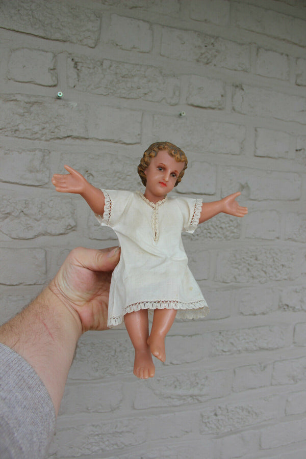 Antique Religious christmas nativity baby jesus child wax figurine box straw