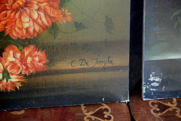 PAIR Flemish school vintage oil Maroufle panel painting floral flowers bouquet