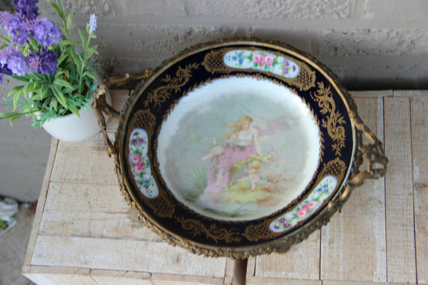 Antique Sevres porcelain centerpiece Bowl bronze base putti signed