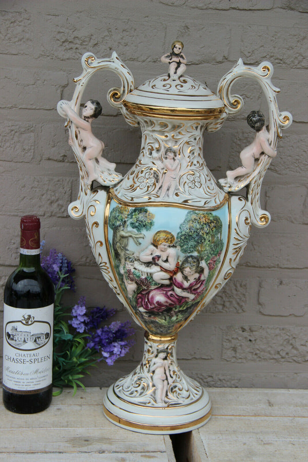 Huge Rare italian capodimonte marked porcelain Vase putti nymph scene