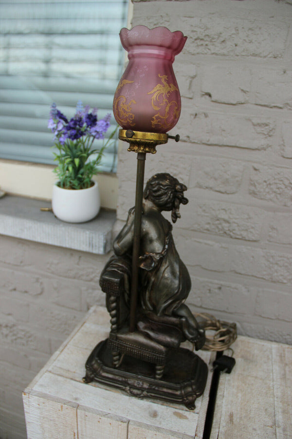 Gorgeous French Spelter bronze putti lamp glass dragon etched pink shade rare