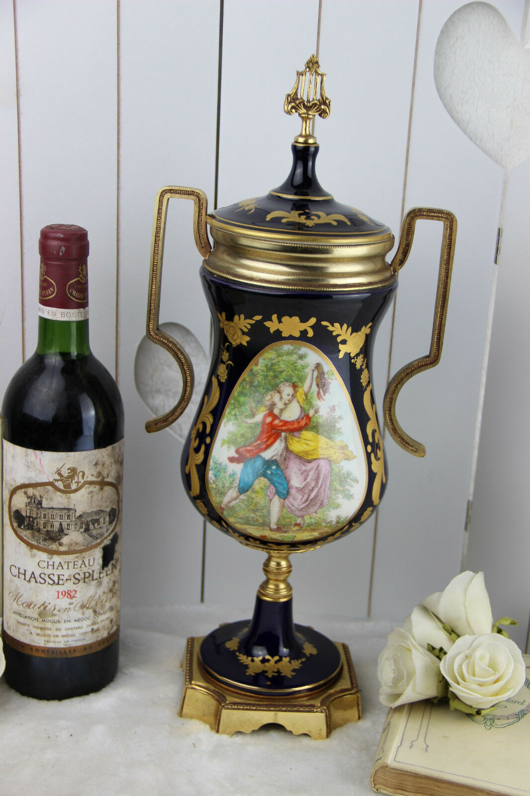 French Limoges cobalt blue porcelain marked Lidded Vase romantic victorian scene